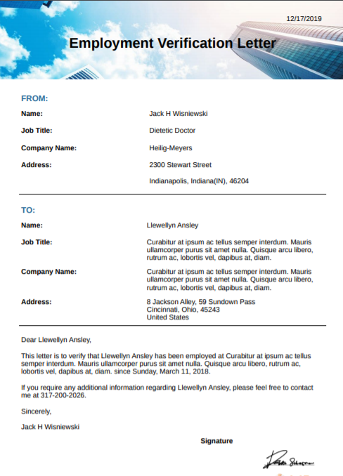 EMPLOYMENT VERRIFICATION LETTER SAMPLE